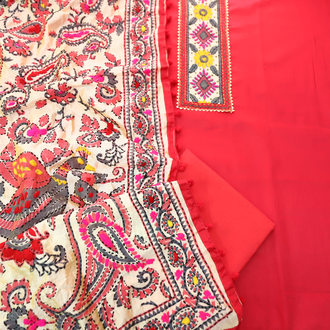Kudiye Coral Blush Phulkari Neck Patch Work Glazed Cotton Top With Art Silk Dupatta