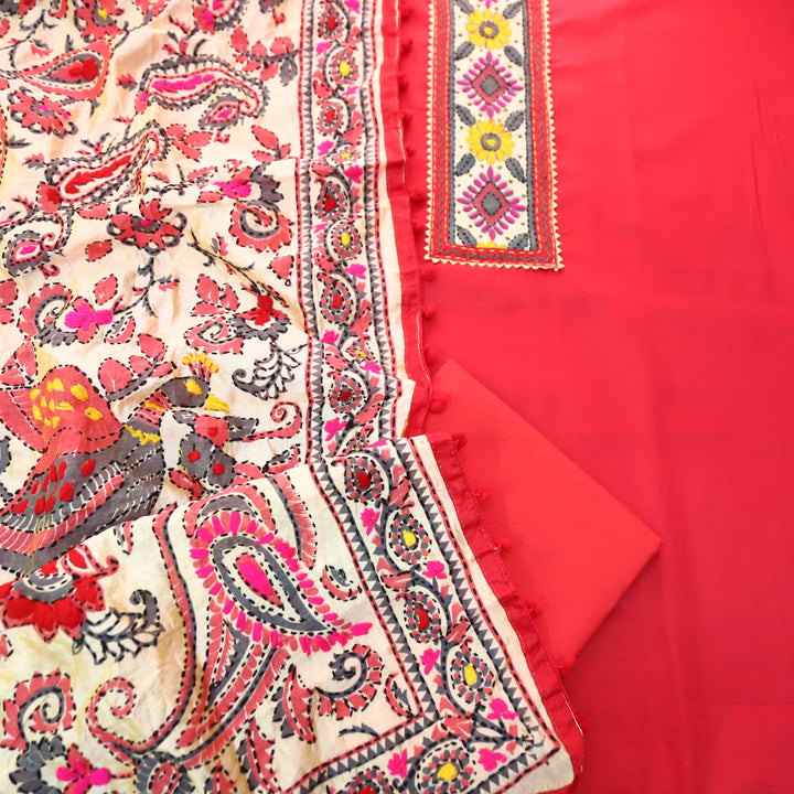 Kudiye Coral Blush Phulkari Neck Patch Work Glazed Cotton Top With Art Silk Dupatta