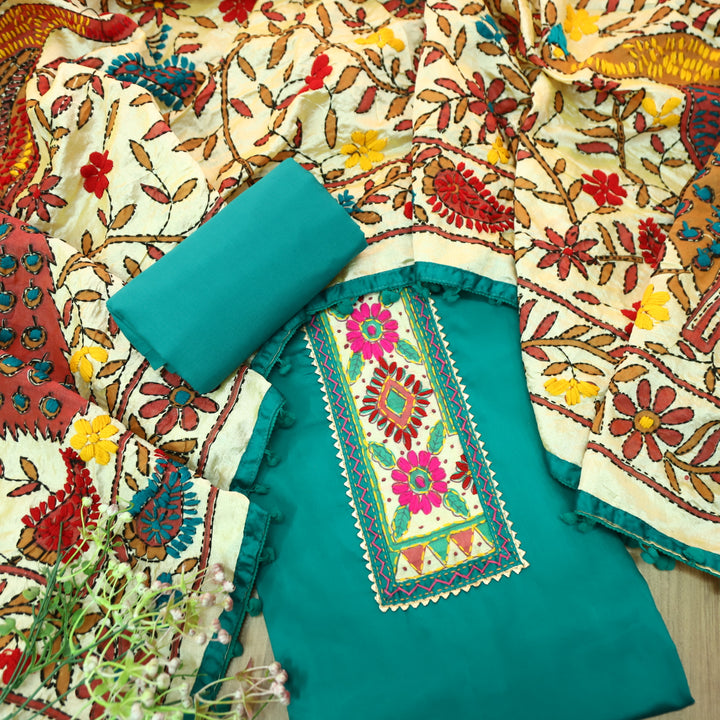 Kudiye Dark Teal Phulkari Neck Patch Work Glazed Cotton Top With Art Silk Dupatta