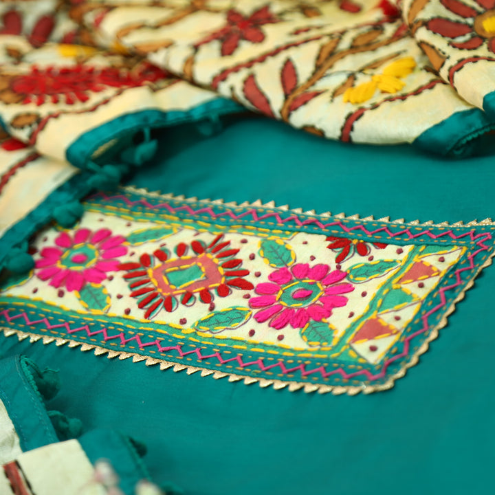 Kudiye Dark Teal Phulkari Neck Patch Work Glazed Cotton Top With Art Silk Dupatta