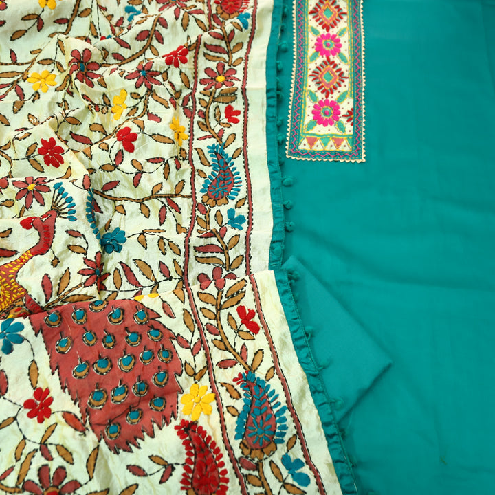 Kudiye Dark Teal Phulkari Neck Patch Work Glazed Cotton Top With Art Silk Dupatta