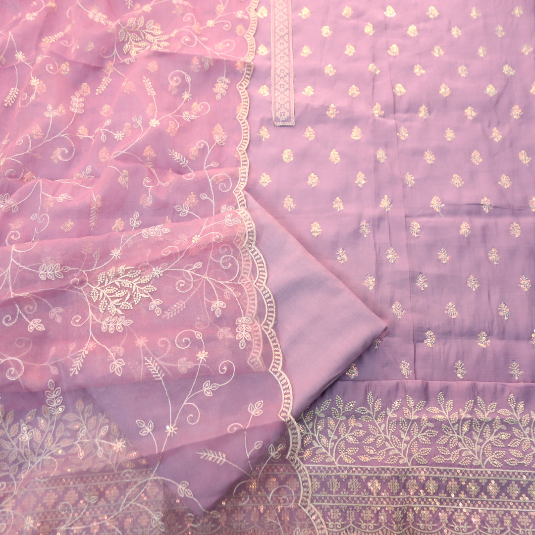 Sukhani Pastel Lilac All Over Sequence with Cut Work Hem Modal Suit Set