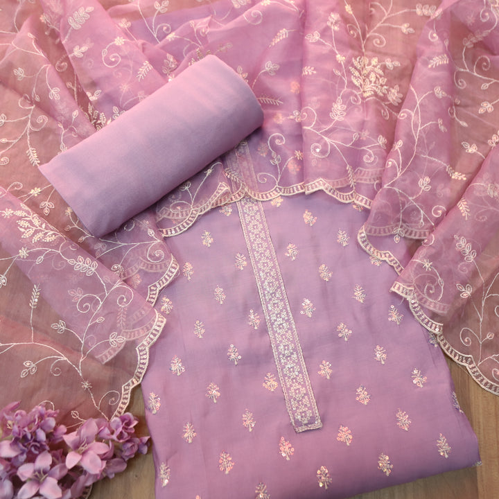 Sukhani Pastel Lilac All Over Sequence with Cut Work Hem Modal Suit Set