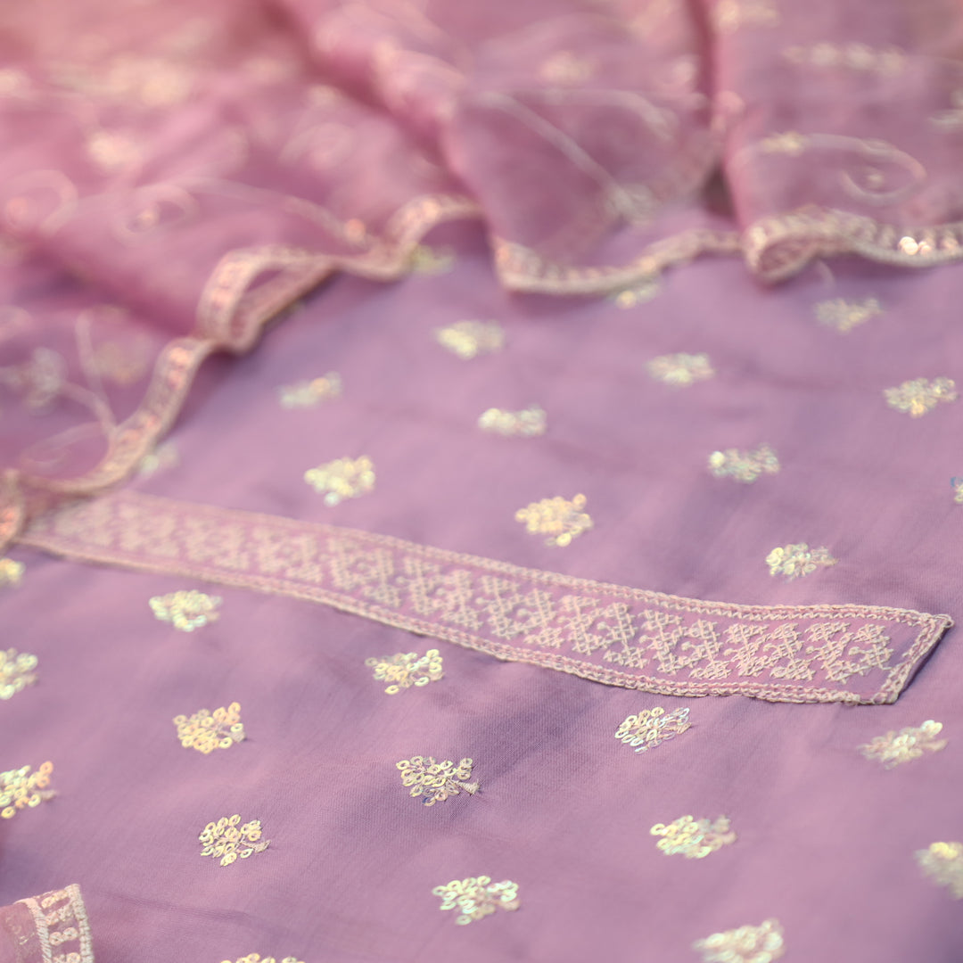 Sukhani Pastel Lilac All Over Sequence with Cut Work Hem Modal Suit Set