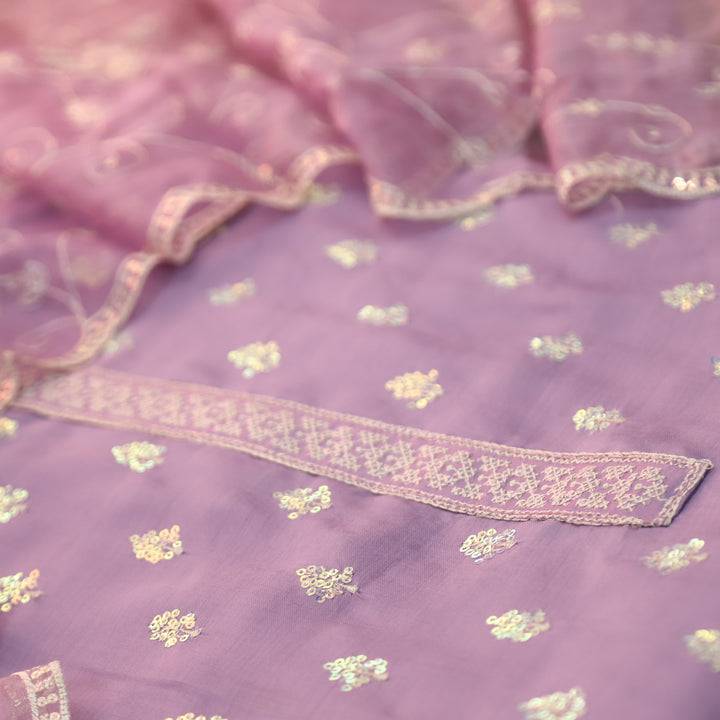 Sukhani Pastel Lilac All Over Sequence with Cut Work Hem Modal Suit Set