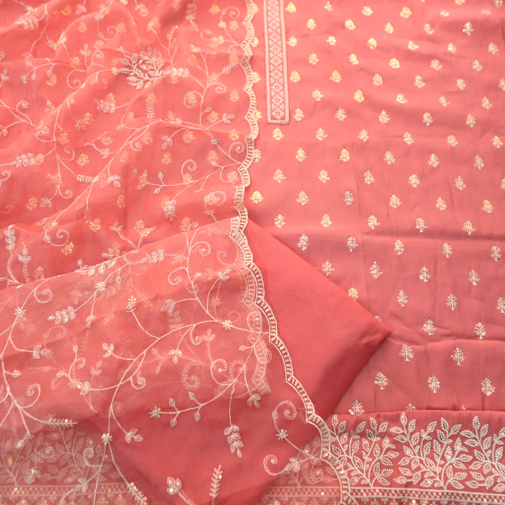 Sukhani Pastel Peach All Over Sequence with Cut Work Hem Modal Suit Set
