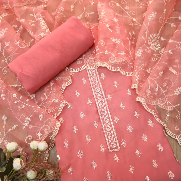 Sukhani Pastel Peach All Over Sequence with Cut Work Hem Modal Suit Set