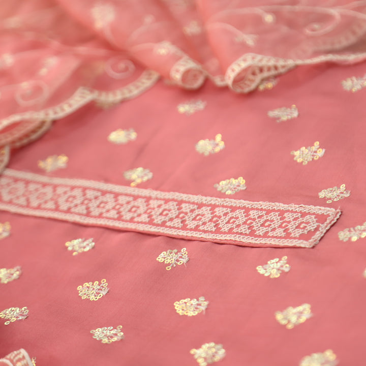 Sukhani Pastel Peach All Over Sequence with Cut Work Hem Modal Suit Set