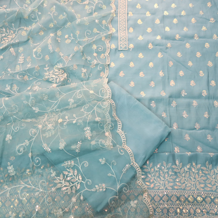 Sukhani Powder Blue All Over Sequence with Cut Work Hem Modal Suit Set