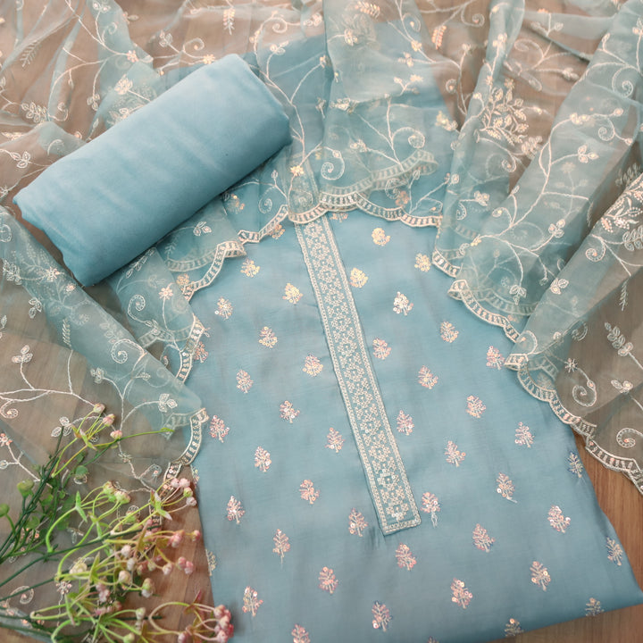Sukhani Powder Blue All Over Sequence with Cut Work Hem Modal Suit Set