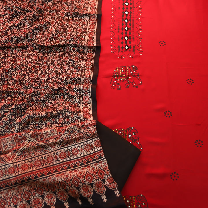 Deewani Maroon Red Mirror Work in All Over Block Printed Rayon Satin Suit Set