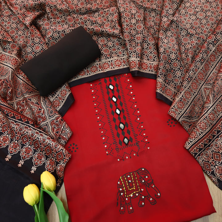 Deewani Maroon Red Mirror Work in All Over Block Printed Rayon Satin Suit Set