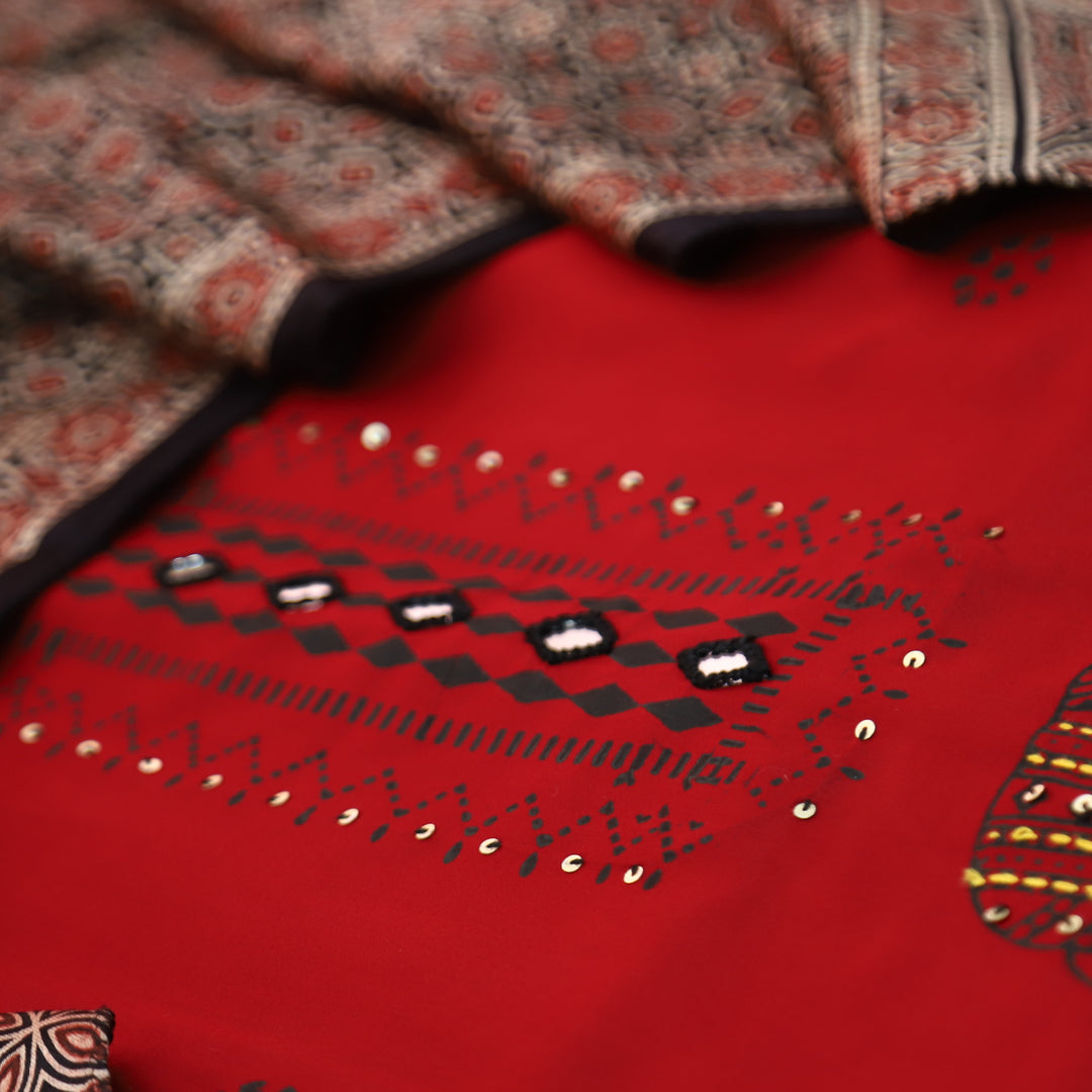 Deewani Maroon Red Mirror Work in All Over Block Printed Rayon Satin Suit Set