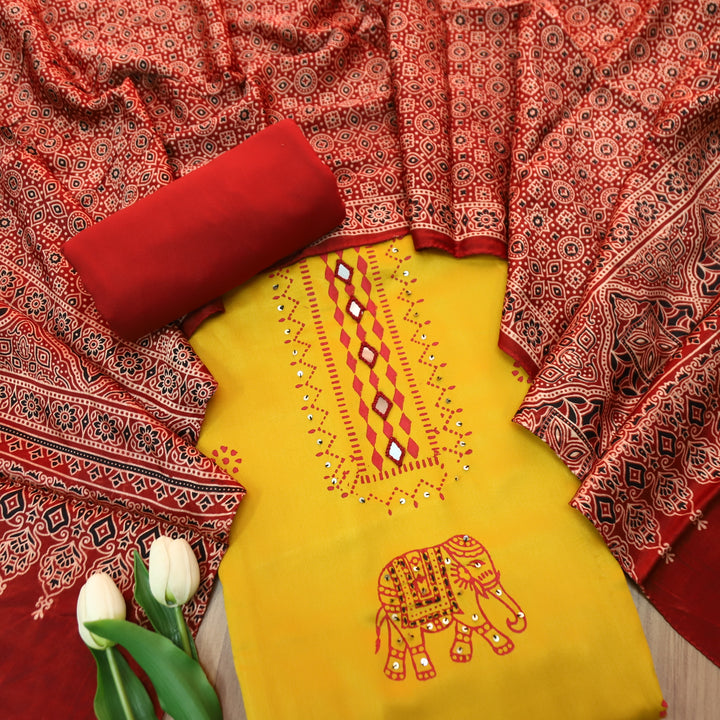 Deewani Sunflower Yellow Mirror Work in All Over Block Printed Rayon Satin Suit Set