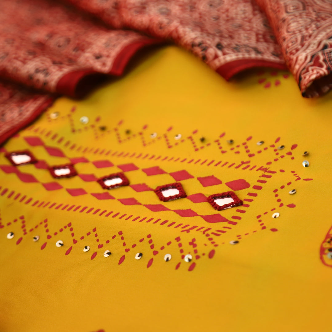 Deewani Sunflower Yellow Mirror Work in All Over Block Printed Rayon Satin Suit Set