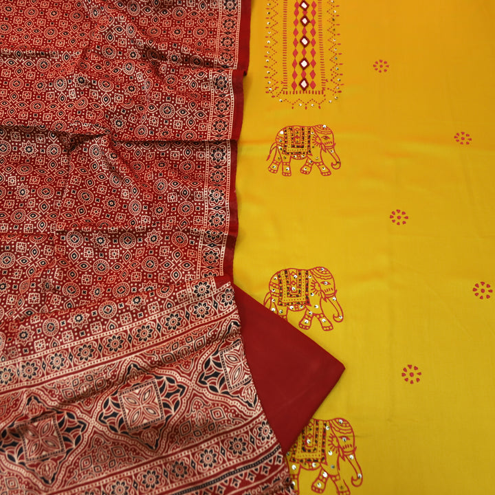 Deewani Sunflower Yellow Mirror Work in All Over Block Printed Rayon Satin Suit Set