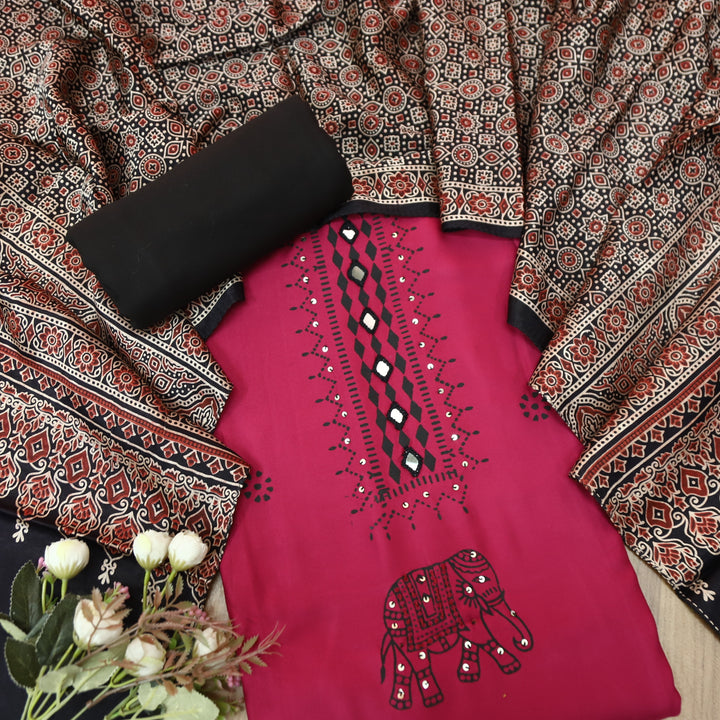 Deewani Mulberry Wine Mirror Work in All Over Block Printed Rayon Satin Suit Set
