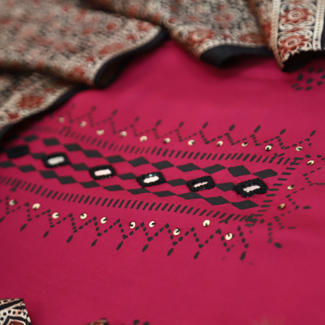 Deewani Mulberry Wine Mirror Work in All Over Block Printed Rayon Satin Suit Set