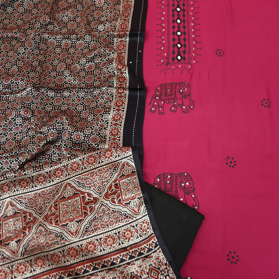 Deewani Mulberry Wine Mirror Work in All Over Block Printed Rayon Satin Suit Set