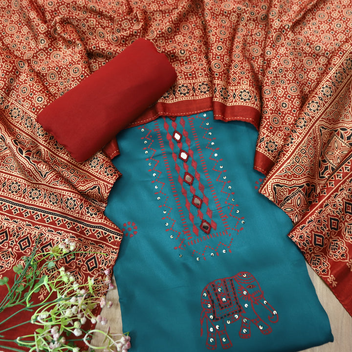 Deewani Dark Teal Mirror Work in All Over Block Printed Rayon Satin Suit Set