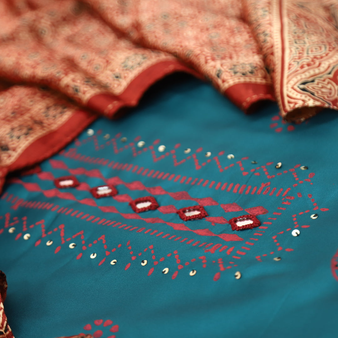 Deewani Dark Teal Mirror Work in All Over Block Printed Rayon Satin Suit Set