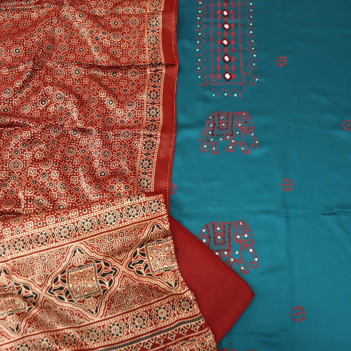 Deewani Dark Teal Mirror Work in All Over Block Printed Rayon Satin Suit Set