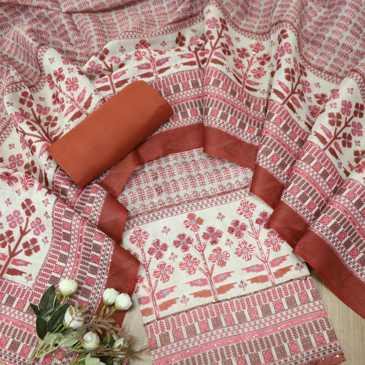 Shiddat Coral Rust Digital Print with Thread and Sequine Work Cotton Linen Set
