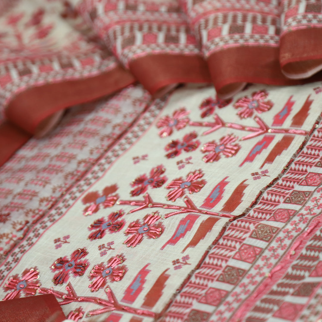 Shiddat Coral Rust Digital Print with Thread and Sequine Work Cotton Linen Set
