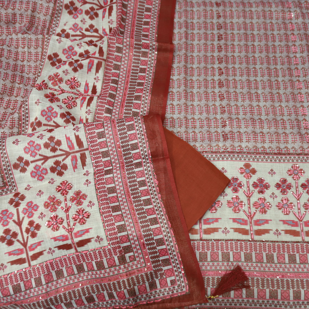 Shiddat Coral Rust Digital Print with Thread and Sequine Work Cotton Linen Set
