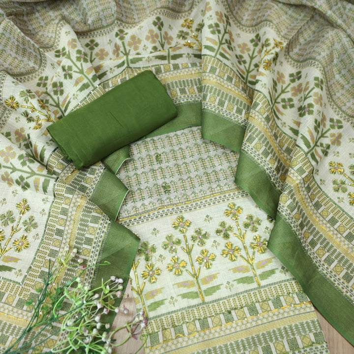 Shiddat Grass Green Digital Print with Thread and Sequine Work Cotton Linen Set
