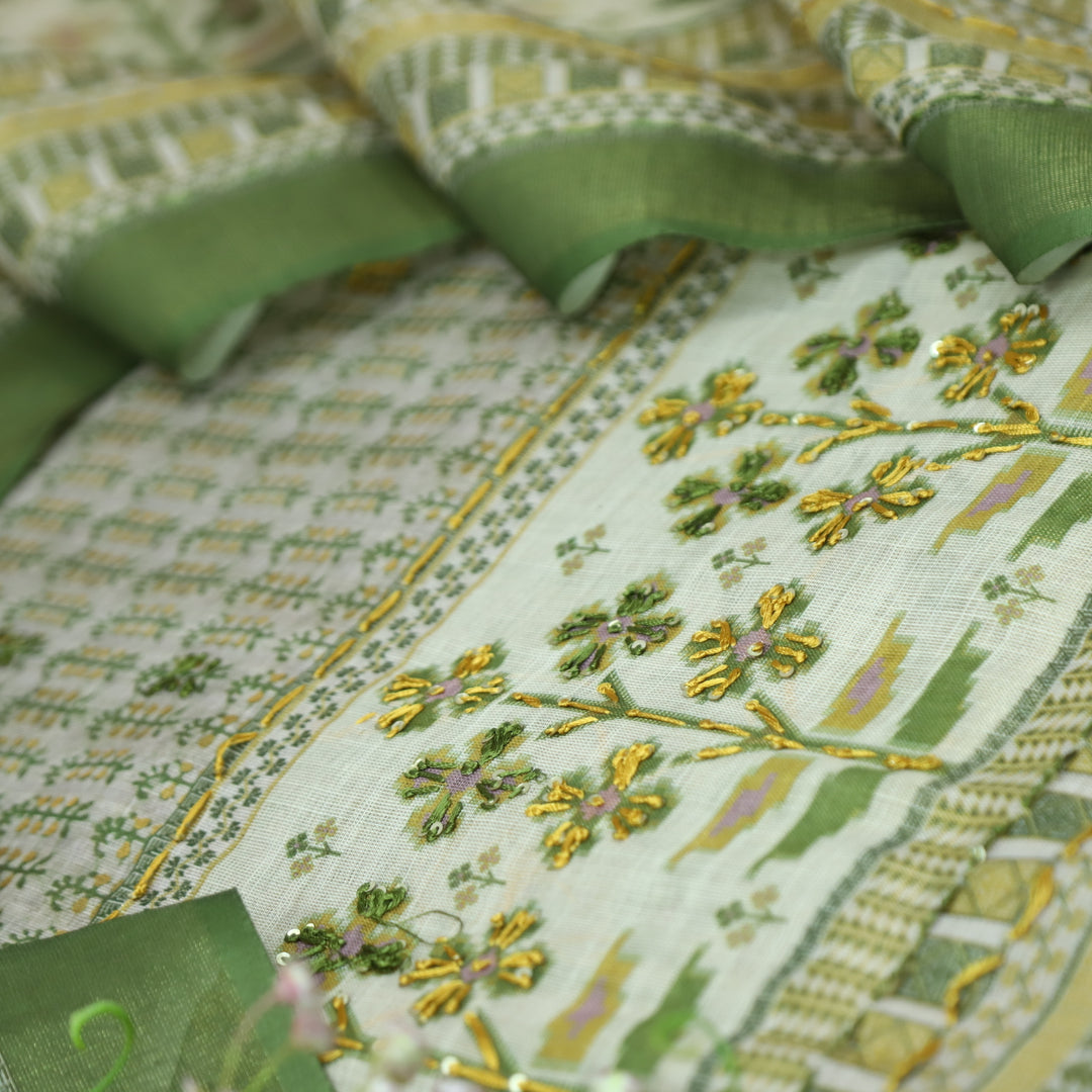 Shiddat Grass Green Digital Print with Thread and Sequine Work Cotton Linen Set