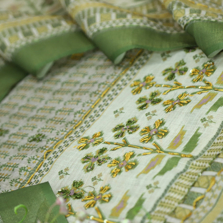 Shiddat Grass Green Digital Print with Thread and Sequine Work Cotton Linen Set