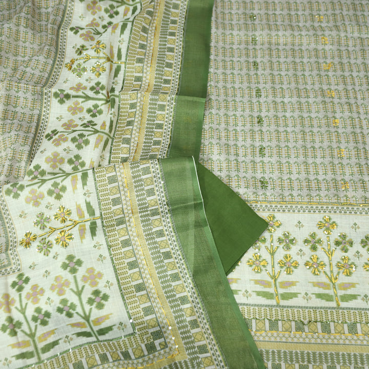 Shiddat Grass Green Digital Print with Thread and Sequine Work Cotton Linen Set