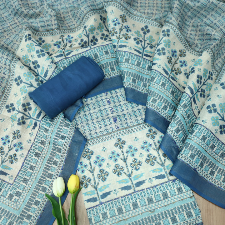 Shiddat Denim Blue Digital Print with Thread and Sequine Work Cotton Linen Set