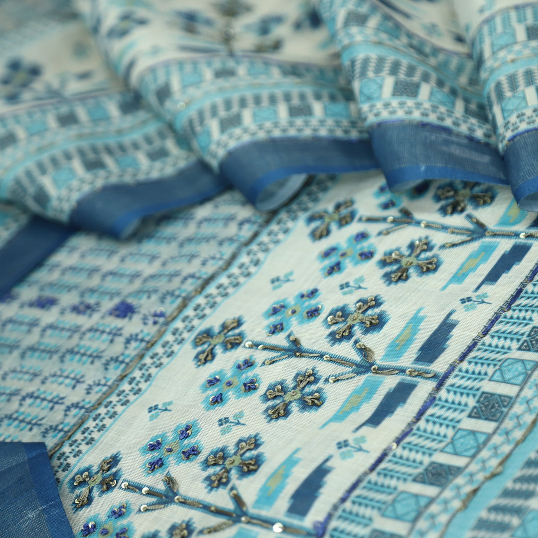 Shiddat Denim Blue Digital Print with Thread and Sequine Work Cotton Linen Set