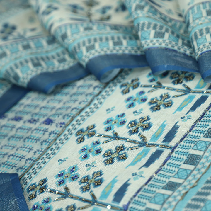 Shiddat Denim Blue Digital Print with Thread and Sequine Work Cotton Linen Set