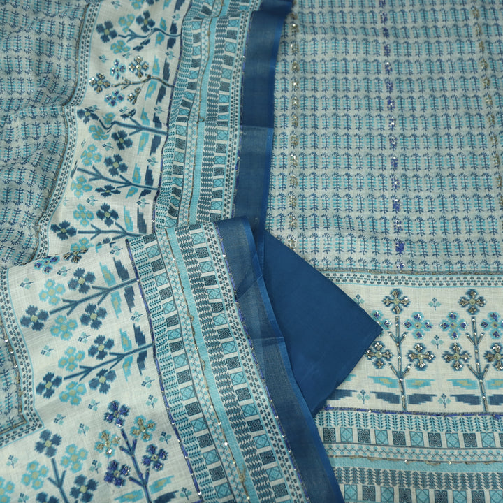 Shiddat Denim Blue Digital Print with Thread and Sequine Work Cotton Linen Set