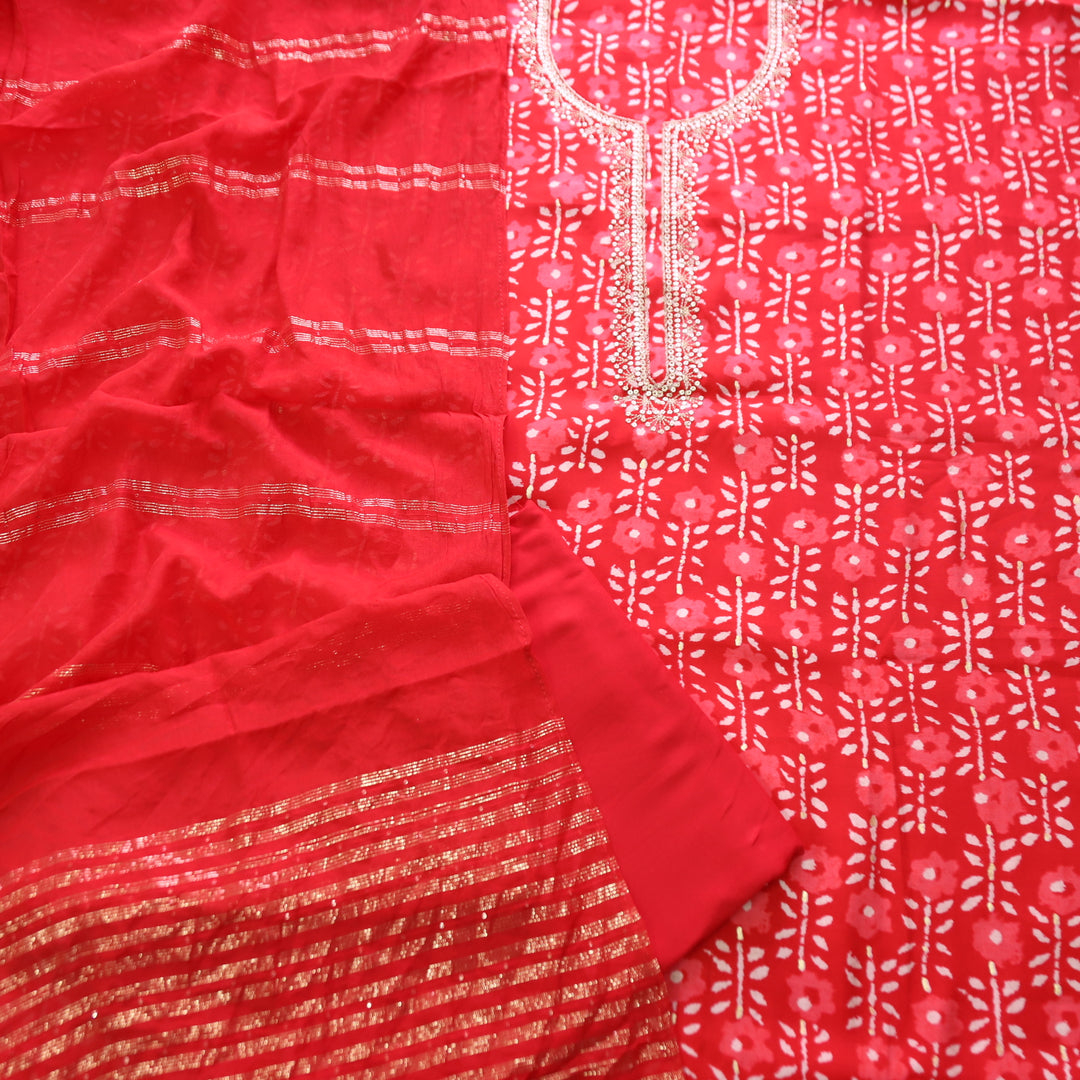 Sajna Bright Red Embellish Zari Neck Work in Foil Work Modal Suit Set