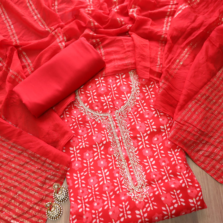 Sajna Bright Red Embellish Zari Neck Work in Foil Work Modal Suit Set