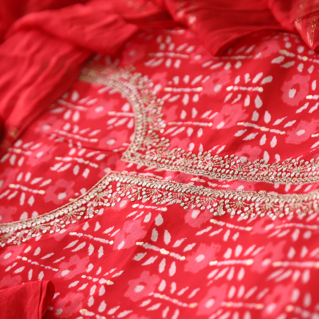 Sajna Bright Red Embellish Zari Neck Work in Foil Work Modal Suit Set