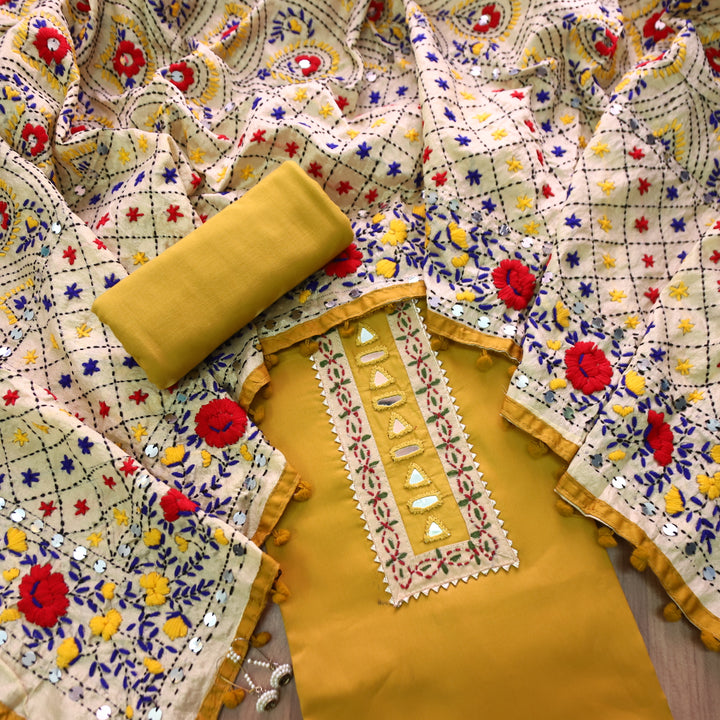 Soniye Dijon Yellow Mirror Work Patch Glazed Cotton Set With Art Silk Dupatta