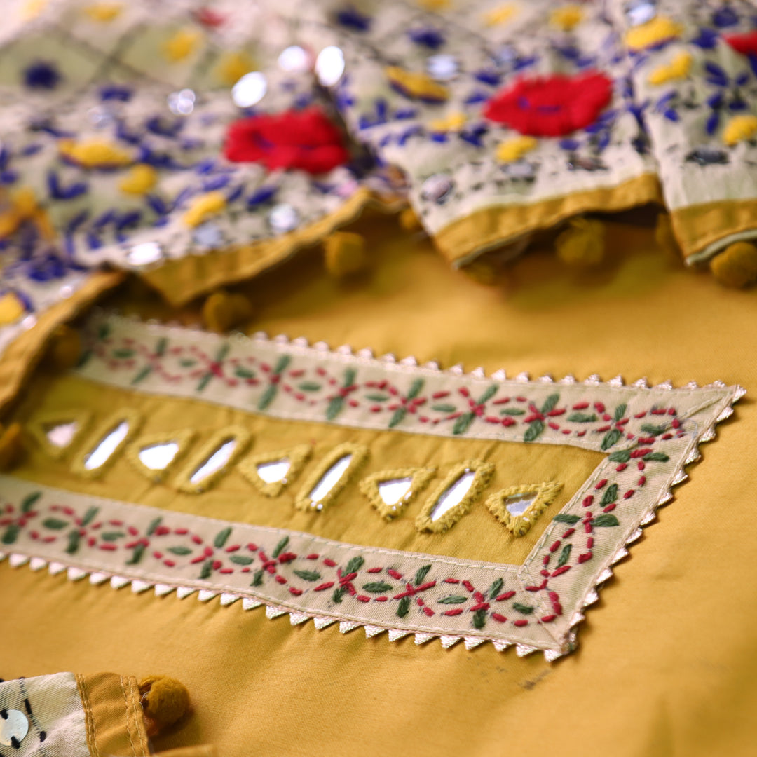 Soniye Dijon Yellow Mirror Work Patch Glazed Cotton Set With Art Silk Dupatta