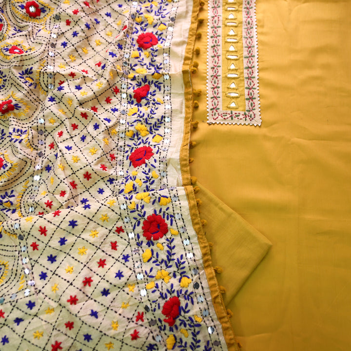 Soniye Dijon Yellow Mirror Work Patch Glazed Cotton Set With Art Silk Dupatta