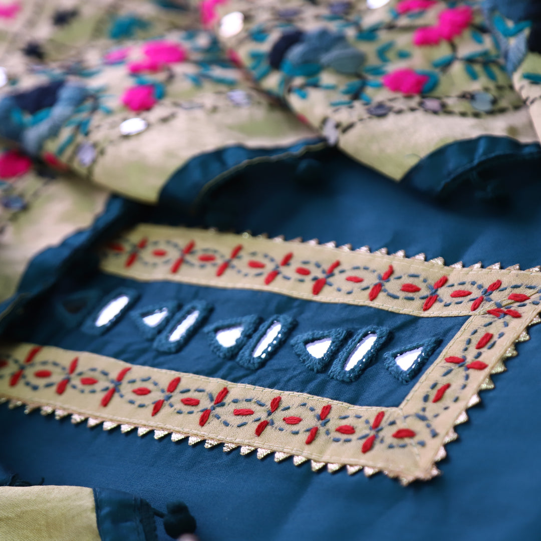 Soniye Royal Blue Mirror Work Patch Glazed Cotton Set With Art Silk Dupatta