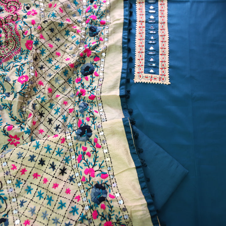 Soniye Royal Blue Mirror Work Patch Glazed Cotton Set With Art Silk Dupatta