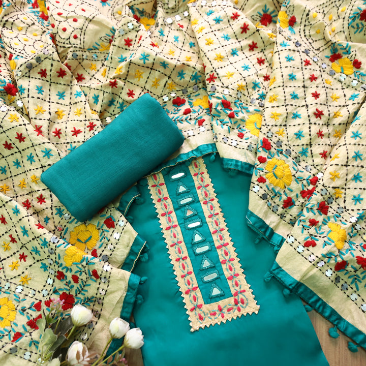 Soniye Aqua Teal Mirror Work Patch Glazed Cotton Set With Art Silk Dupatta