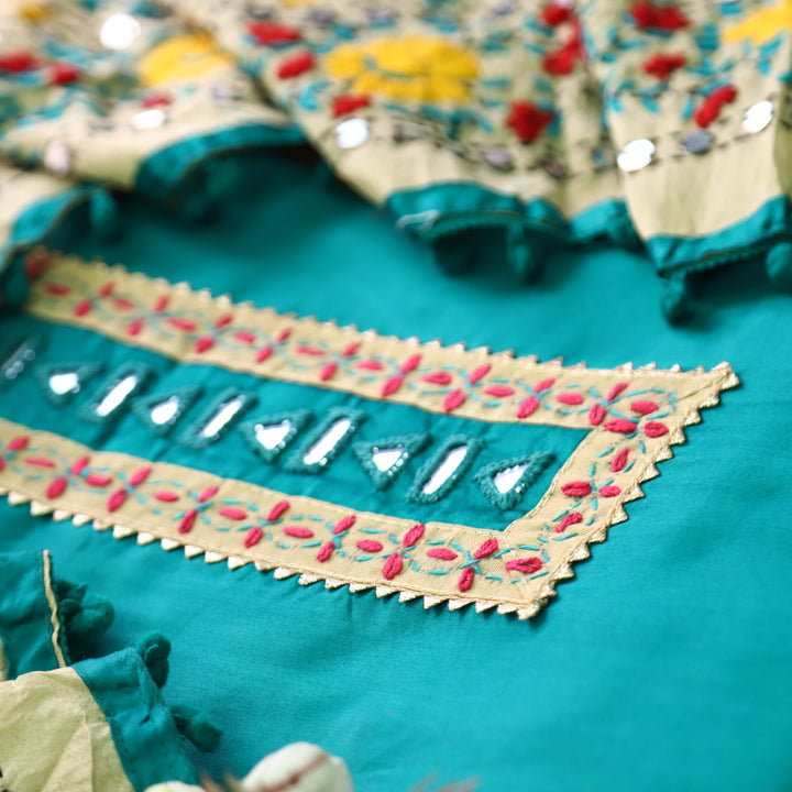 Soniye Aqua Teal Mirror Work Patch Glazed Cotton Set With Art Silk Dupatta