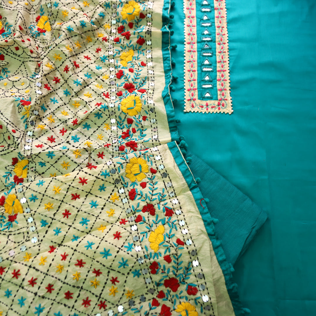 Soniye Aqua Teal Mirror Work Patch Glazed Cotton Set With Art Silk Dupatta