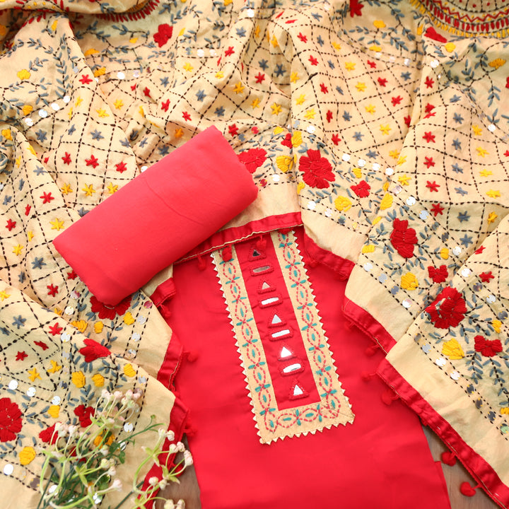 Soniye Bright Pink Mirror Work Patch Glazed Cotton Set With Art Silk Dupatta