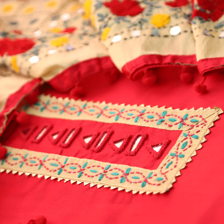 Soniye Bright Pink Mirror Work Patch Glazed Cotton Set With Art Silk Dupatta